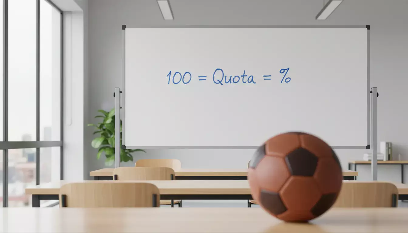 Lavagna con formula di conversione quote in probabilità e pallone da calcio