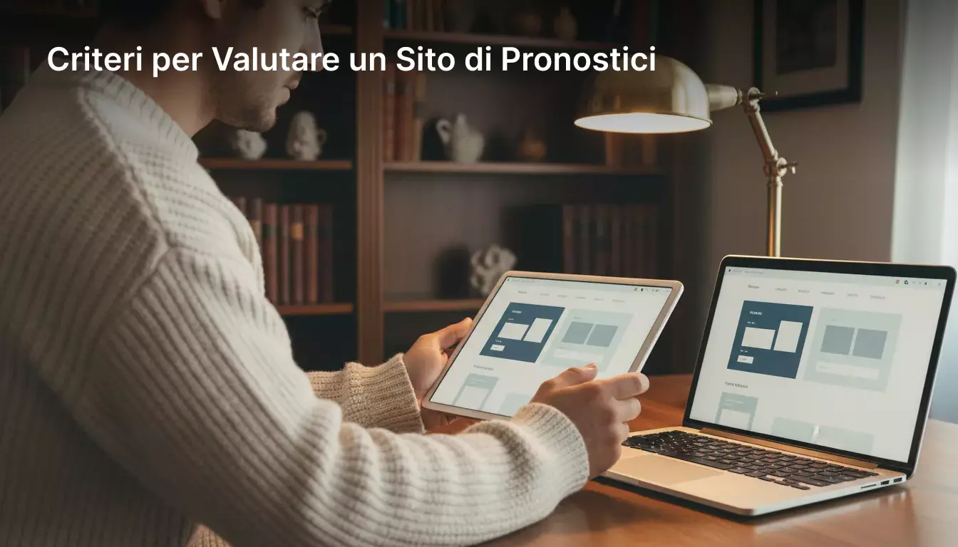 Persona che confronta diversi siti di pronostici su tablet in uno studio